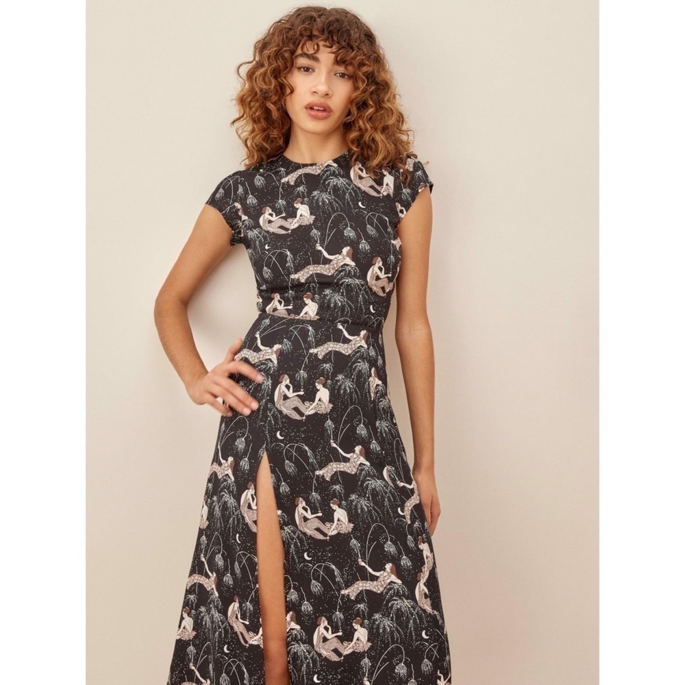 Reformation Dress Gavin Midi Slit Open Back Champagne 0 EUC - Picture 7 of 8